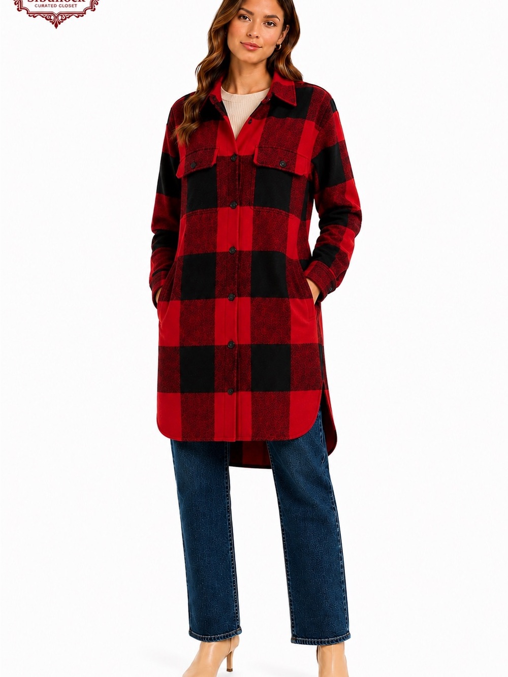 H9 H&M Oversized Red Black Buffalo Plaid Long Shacket Jacket M